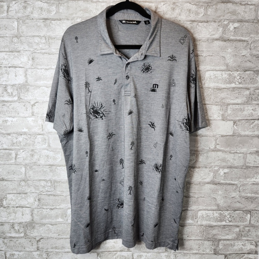 Travis Mathew Polo Shirt Grey Skeleton Drink Novelty Print Casual XXL